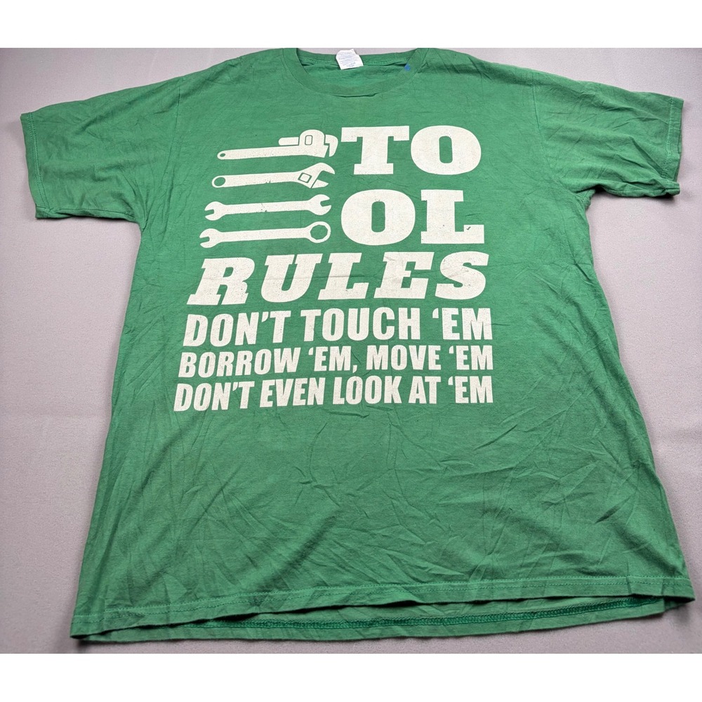 Port & Company Mens Tool Rules Graphic T-Shirt Green Cotton Wrench Humor Large